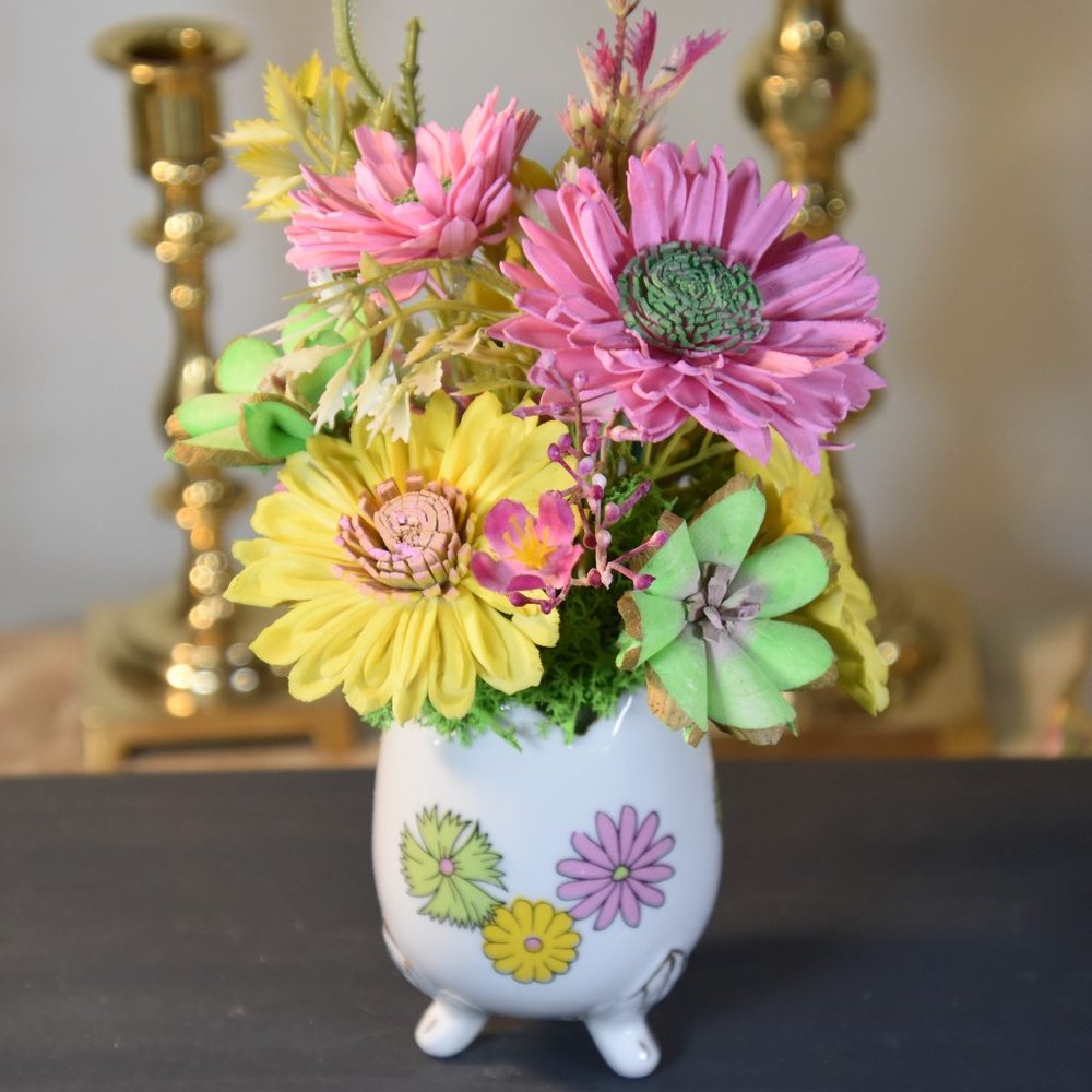 Beautiful hand-painted, footed, vintage, egg shaped vase with Sola flowers